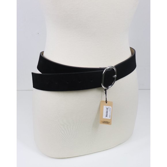 NWT Halogen Oval Buckle Leather Belt Soft Suede Adjustable Black Silver Large - Picture 2 of 7
